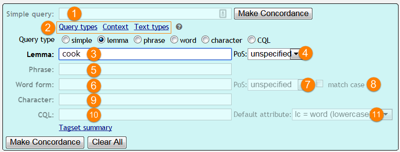 concordance query types, context and text types