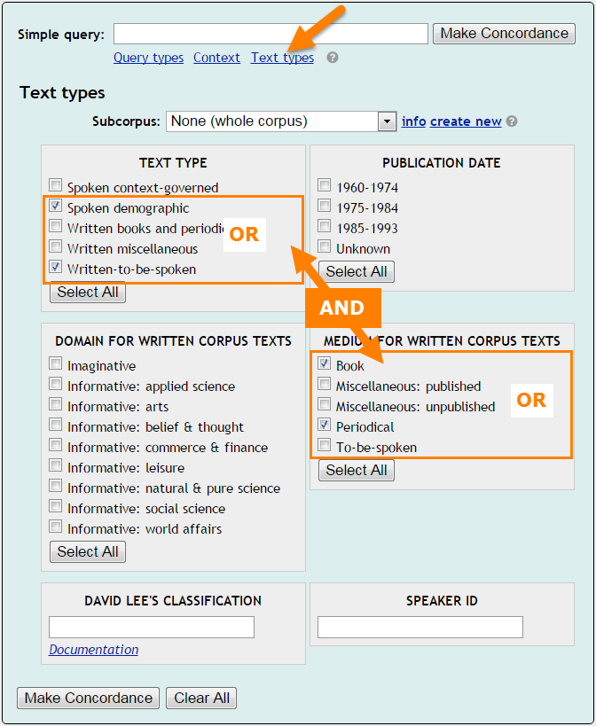 concordance query text type settings